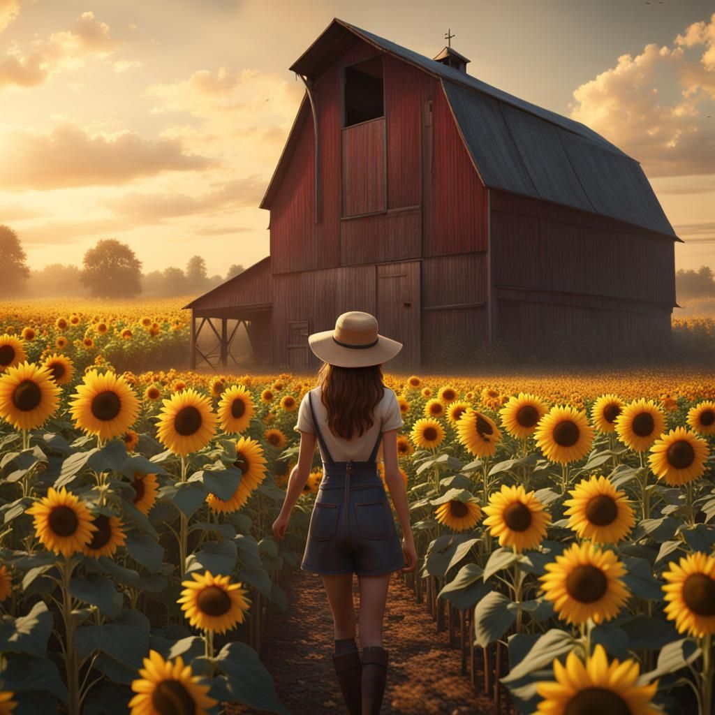 Girl walking down the path to the barn in the middle of a sunflowers' field  by @Johnnatan