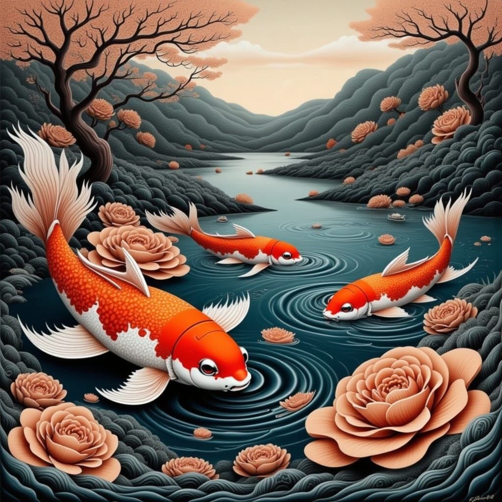 <lora:CINNAMON SWIRLS:1.0> Koi pond