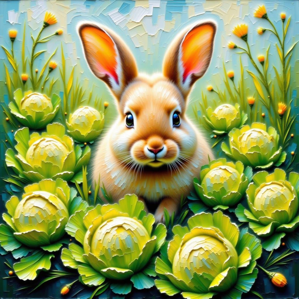 <lora:Impasto 1-01:1.0> textured impasto oil painting of baby rabbit sat in pile of lettuces