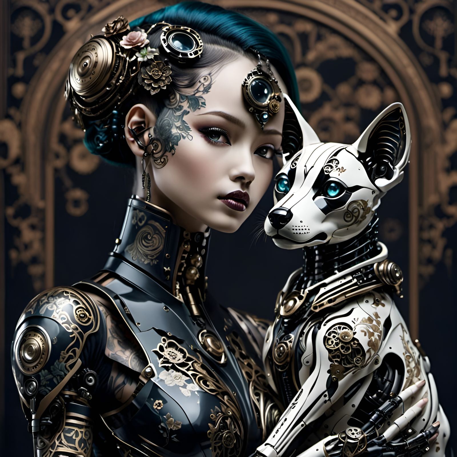  <lora:Crimson:1.0>A beautiful cyberpunk humanoid with digital tattoos holding a dog