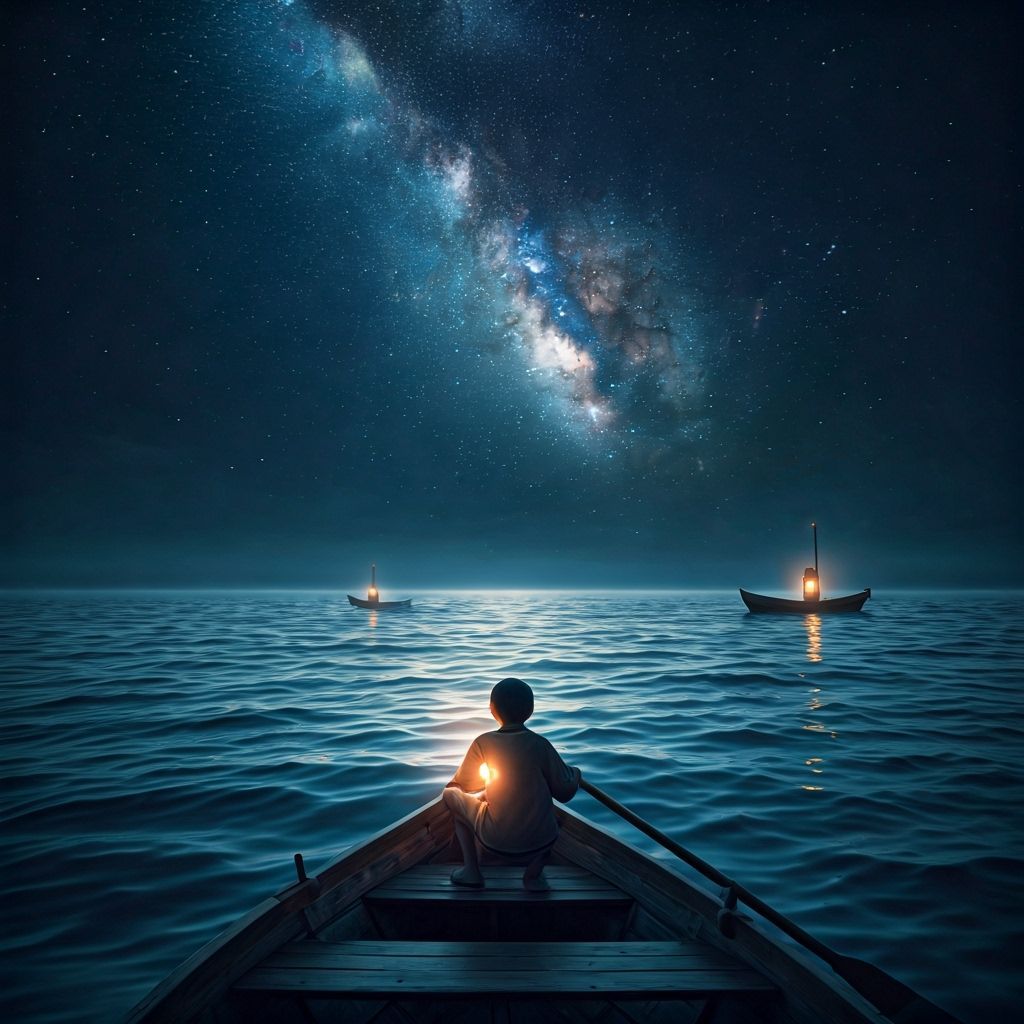 A boy on a boat at sea with two  other boats with a lantern each passing by. The boy tries to navigate ...  by @TheIridescentDragon