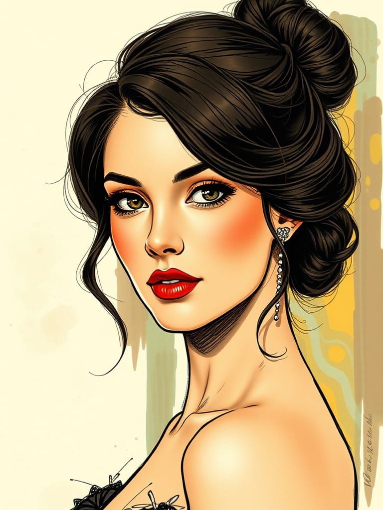 Elegant French Woman: Pen and Ink Sepia Portrait