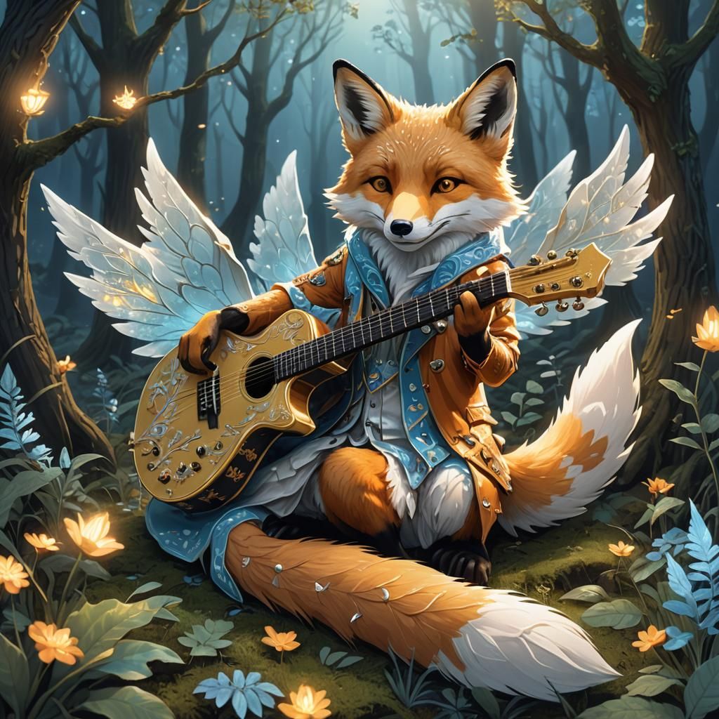 Cunning Fox Plays Golden Guitar in Forest Clearing