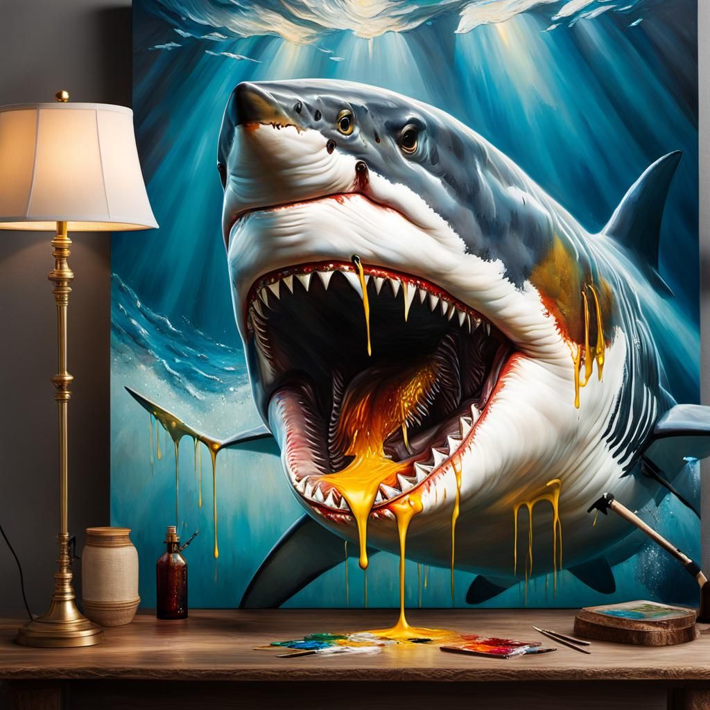 Dramatic Great White Shark Oil Painting in Impasto Style