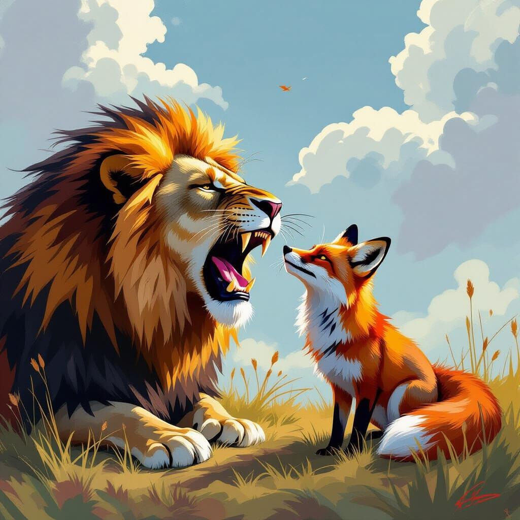 Lion Swallowing Fox in Dramatic Digital Art