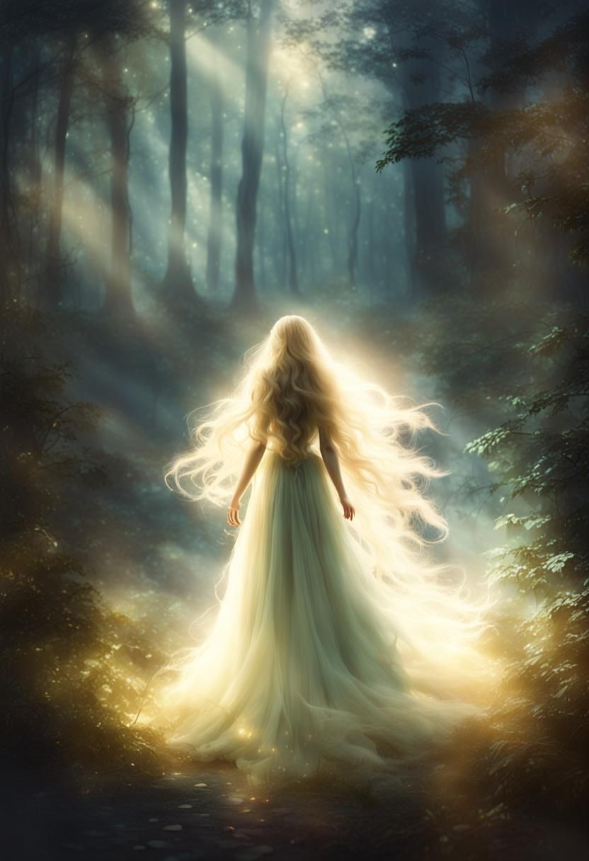 Background with magical effect like a swirl of spell. Please add her wings and a crown. Neon firefly’s are flying around her.