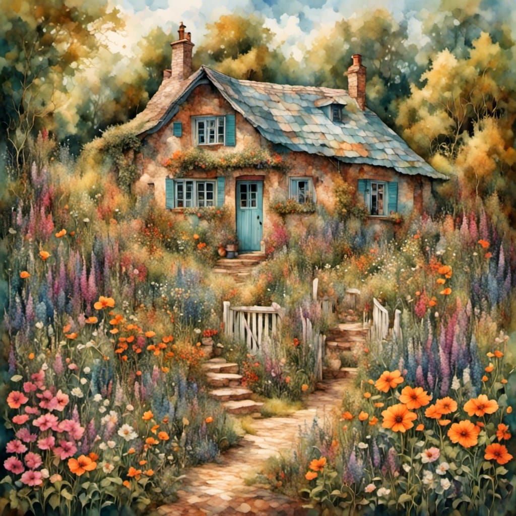 little cozy cottage in a garden with wildflowers <lora:Tapes...