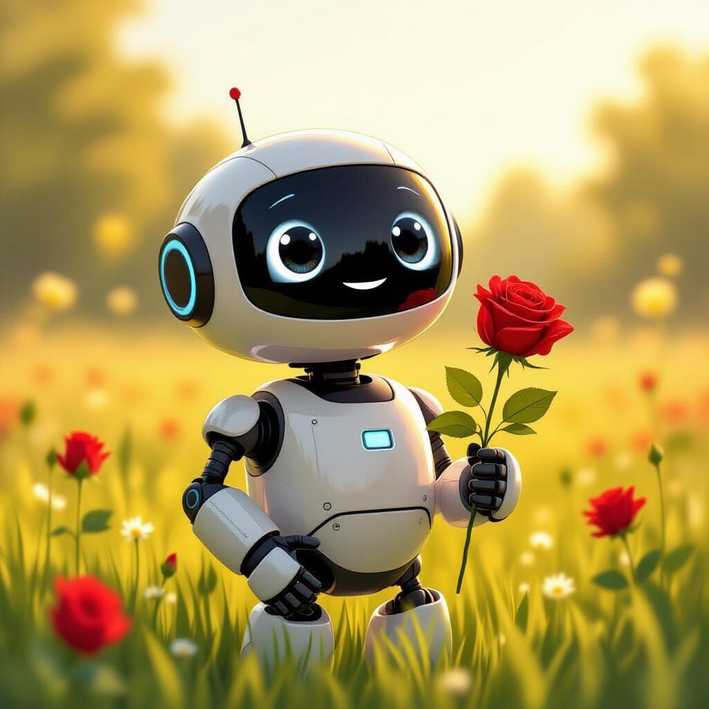 Friendly Robot Offers Rose in Sunlit Meadow