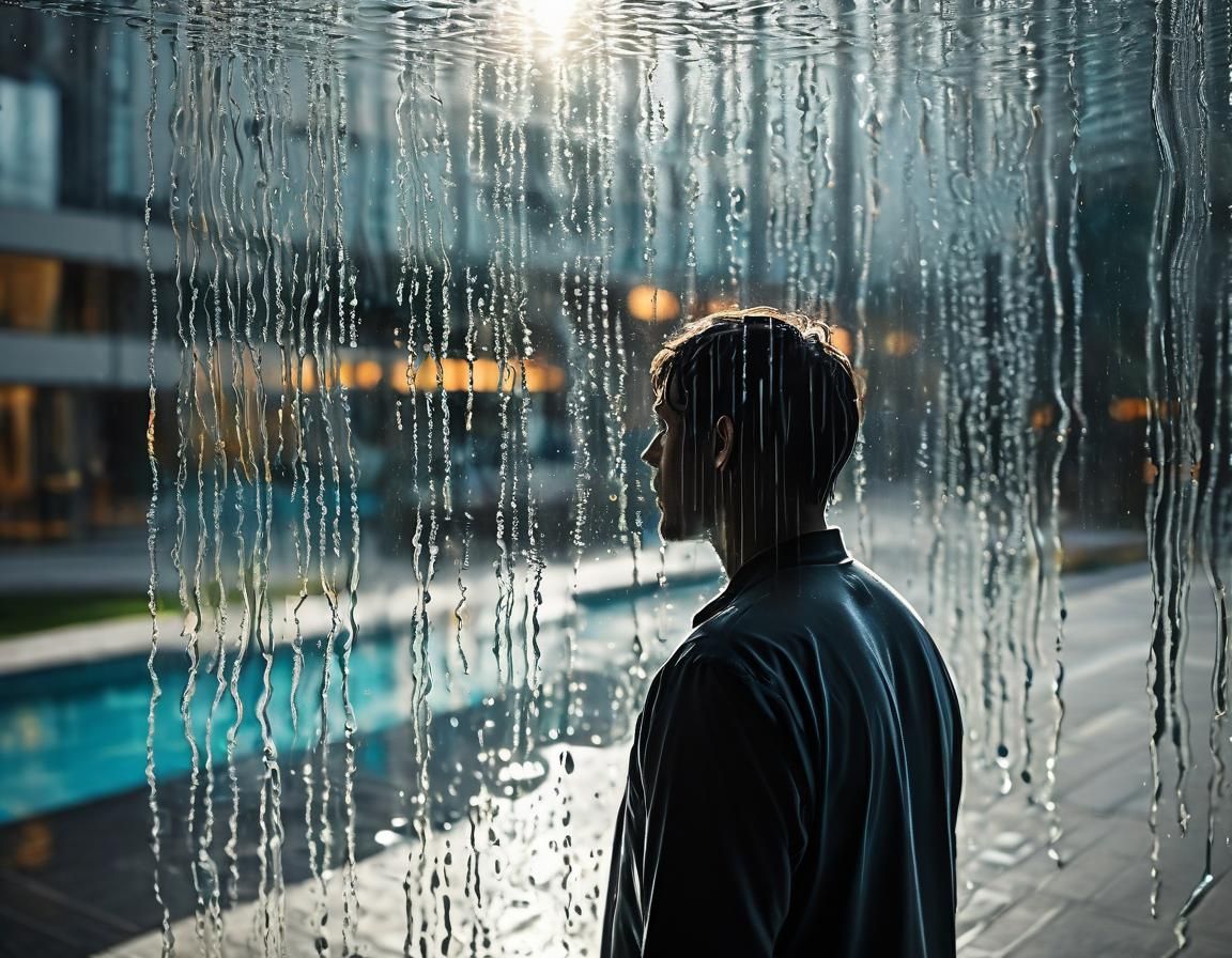 A person standing behind a rain-streaked glass, with the glass heavily distorted by water droplets and flowing streams, causing the features...
