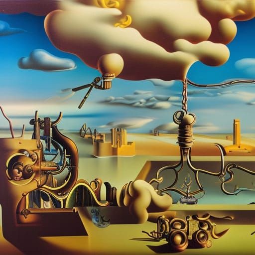 Surreal Steampunk Engine in Synthwave Neon Style