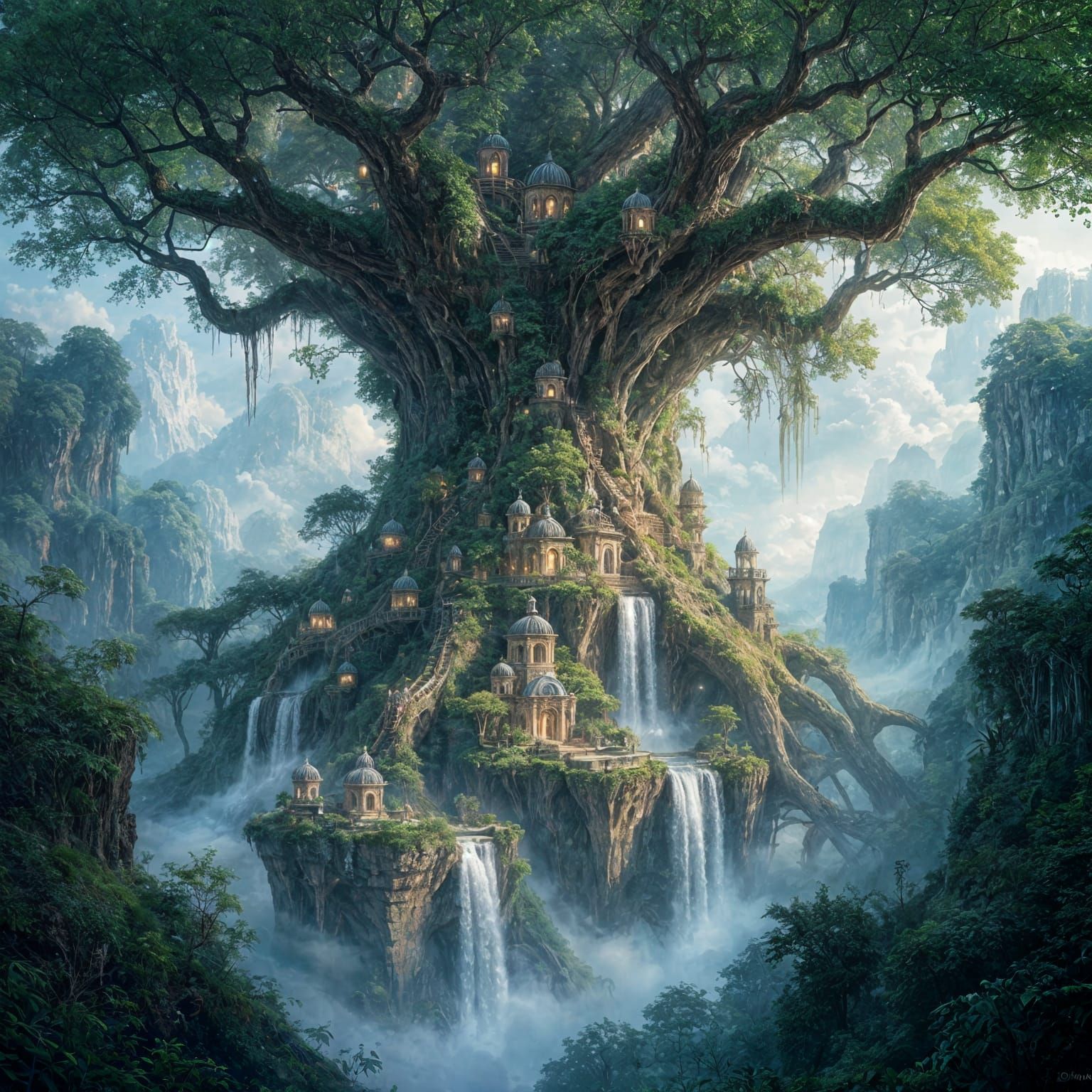 Lost Cities. Concept art. Wide shot. A majestic, overgrown city built into colossal ancient trees, bathed in an ethereal glow. Mystical atmo...