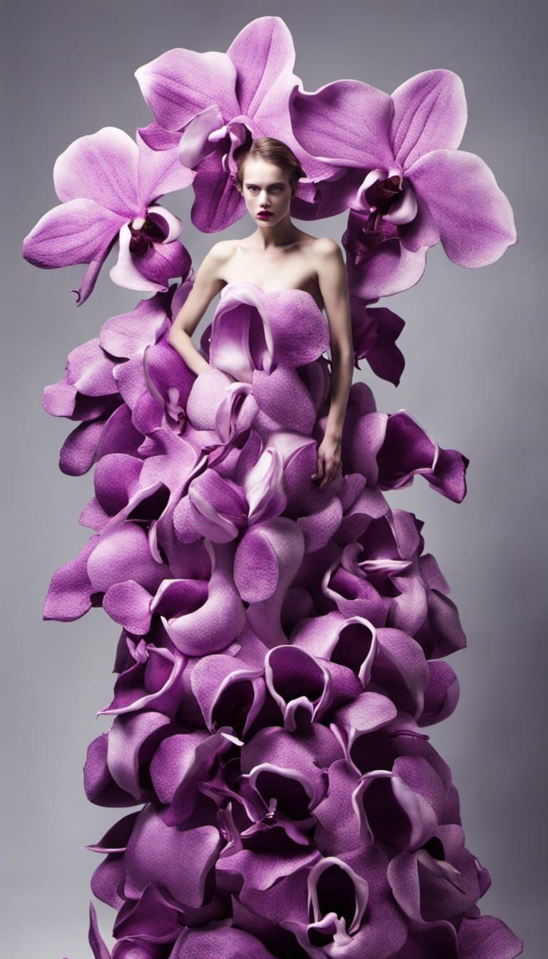 lanky model giant orchidsculpture inspired dress style of surreal ...