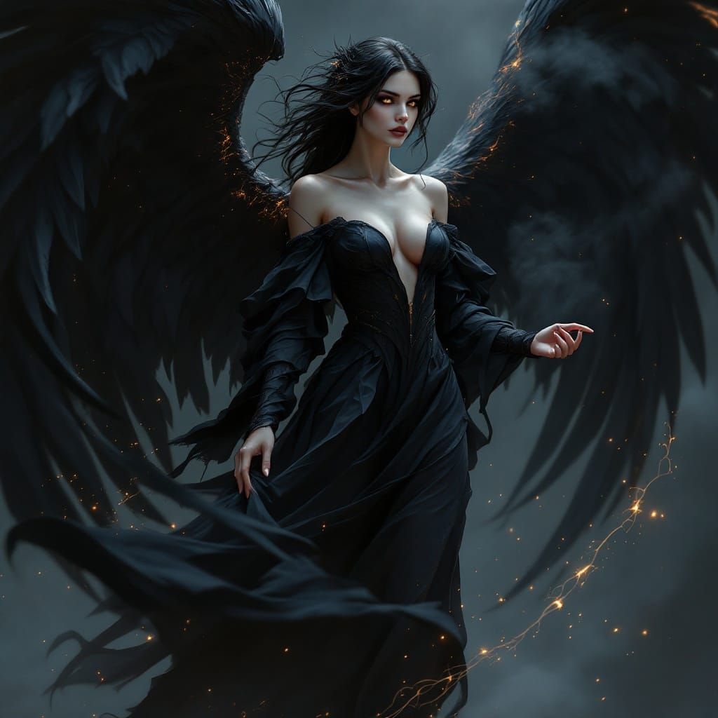 Lashiel exudes an aura of celestial beauty veiled in shadow, a Fallen Angel whose commanding presence is both mesmerizing and ominous. Her h...