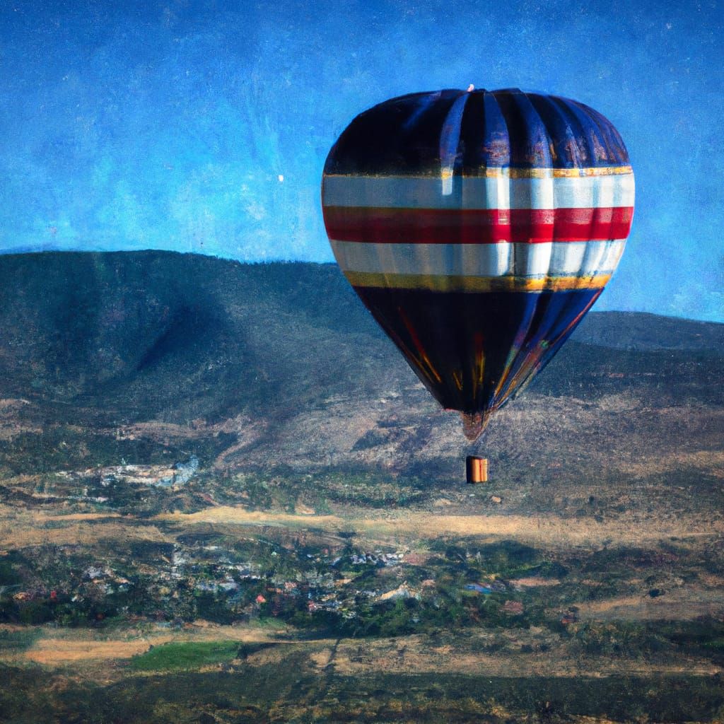 A hot air balloon over a clear New Mexico day as an oil pain...