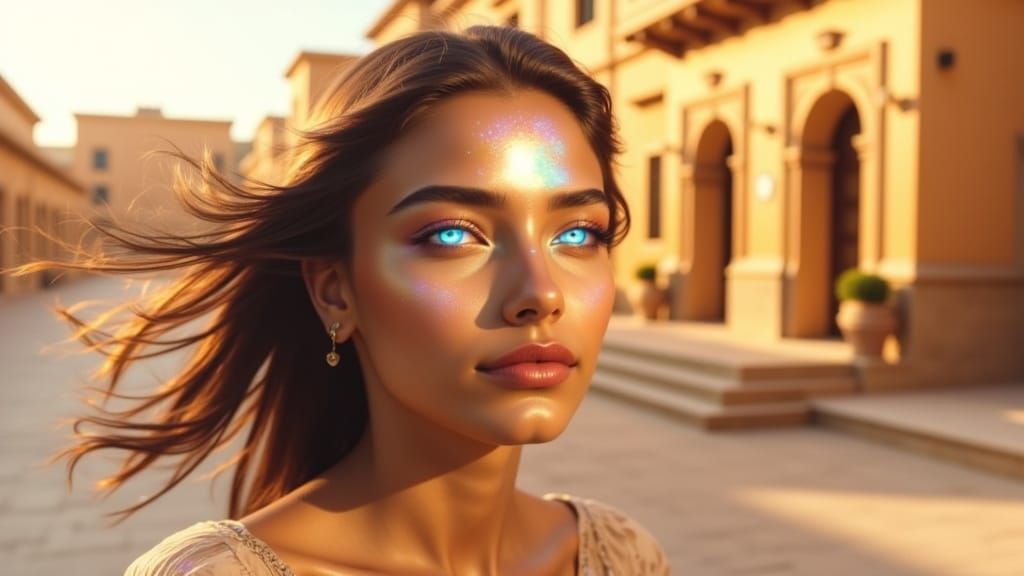 Serene Indian Woman in Golden Light with Aurora Sky Eyes