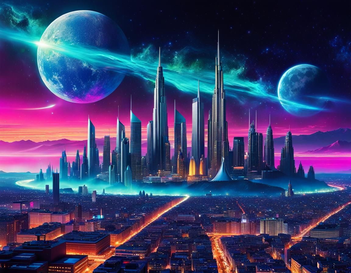 wide space nebula, (magical, enchanted:1.5) silver and saphhire city on the moon, retro SF,  scifi, (Jan Van Eyck:1.2)