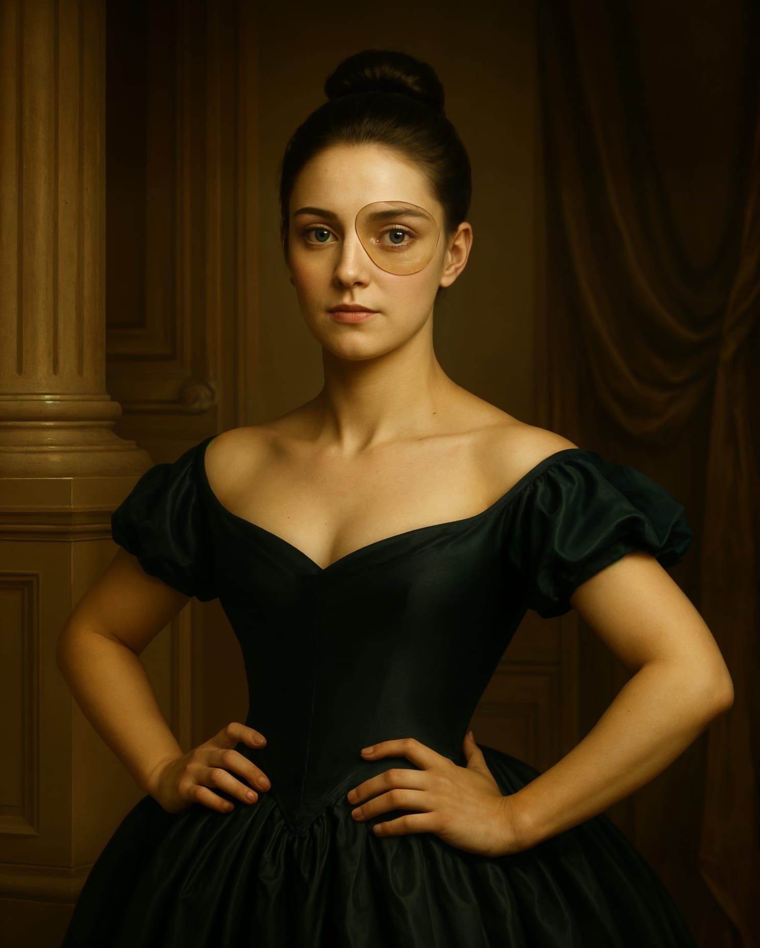 Traditional ballroom woman with one veiled by an adhesive eyepatch with a matching eye on it