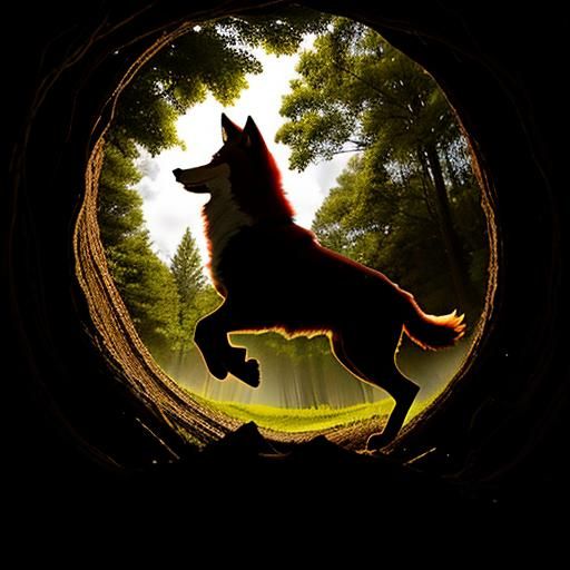 A red wolf jumping into a hole in the ground of a forest, in...