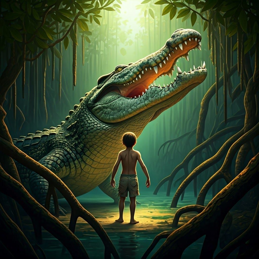 Strong Boy Stands Before Ancient Crocodile in a Haunting, Dr...