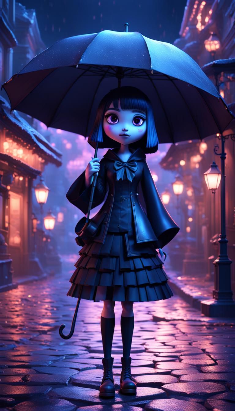 GothLoli girl holding an umbrella at night