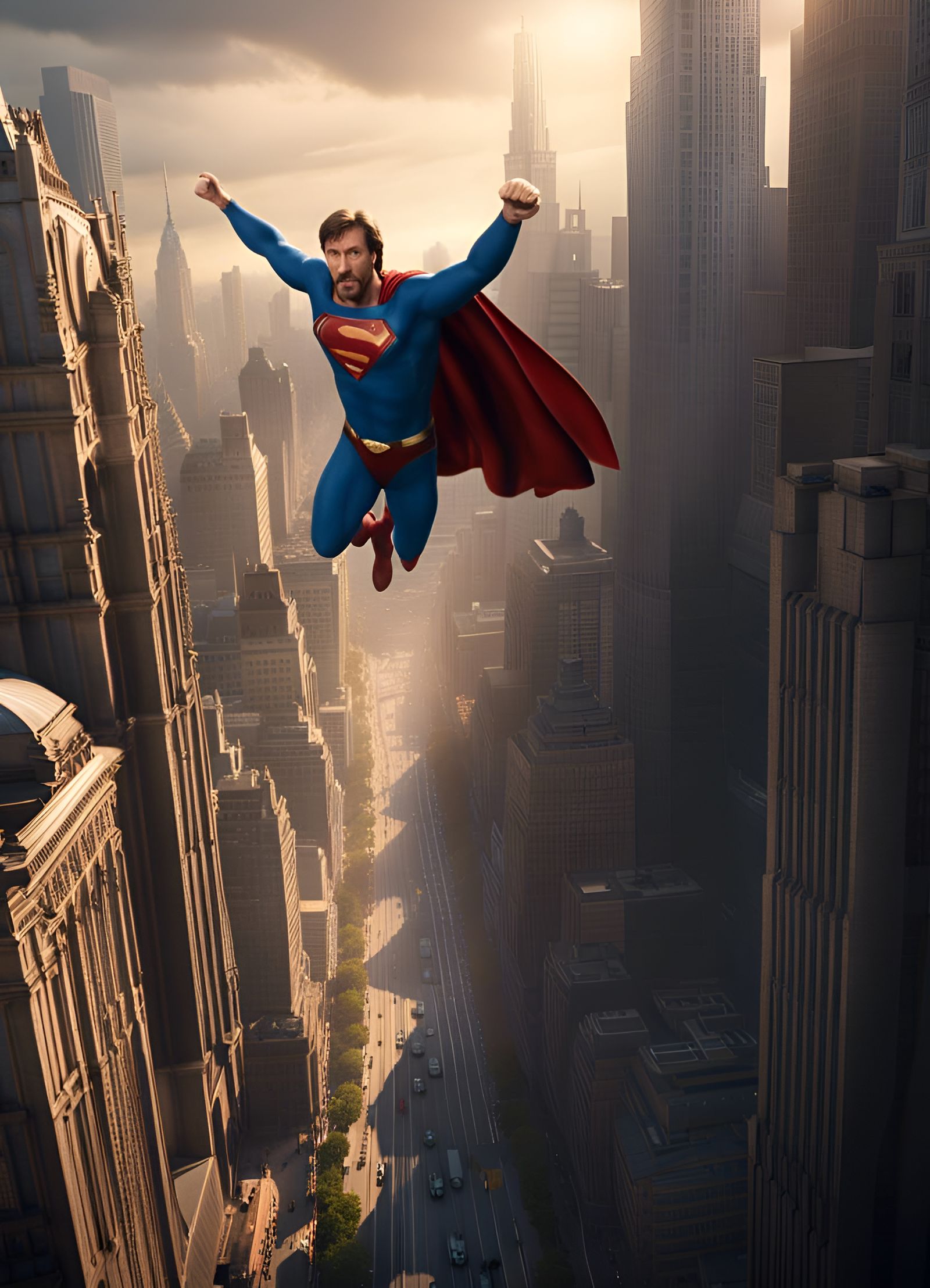 Chuck Norris as Superman flying over Metropolis, ultra Hd , ...