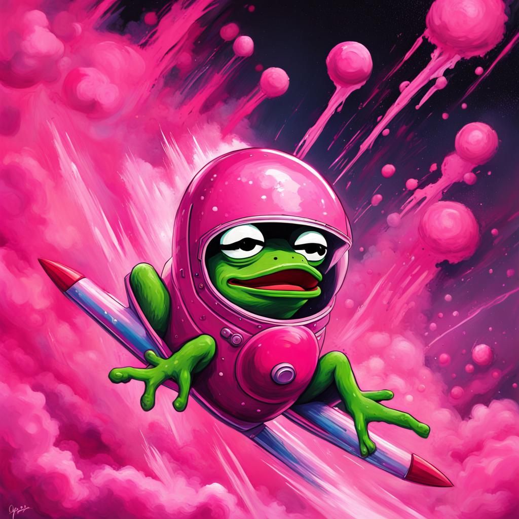 pepe the frog riding a rocket through a pink void