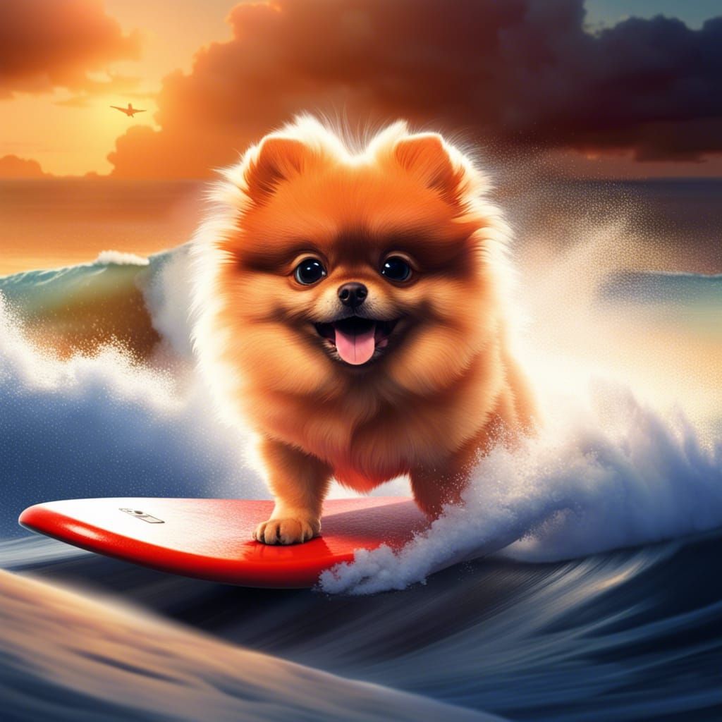 Pomeranian Puppy Surfing, Waves Crashing, 64k Concept Art By Bojan 