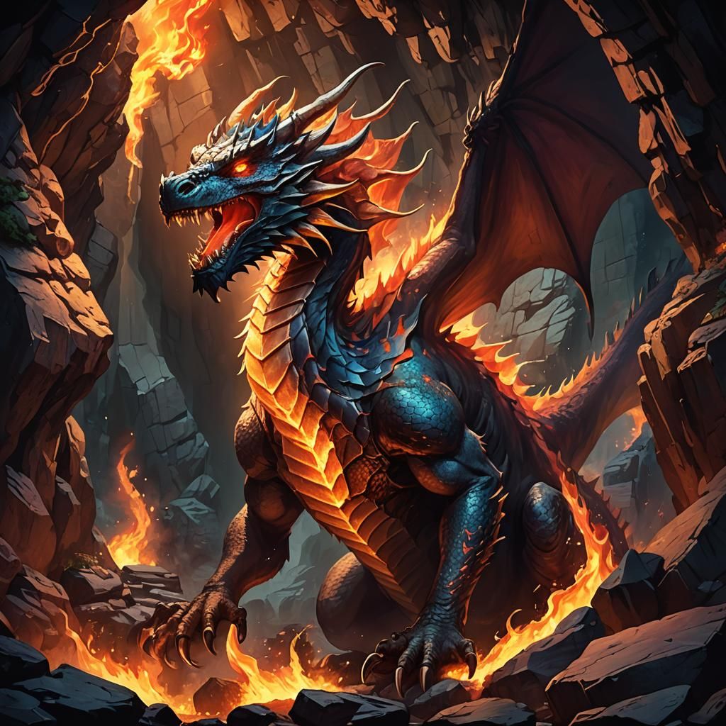 Dragon's Fiery Breath in Dark Cave