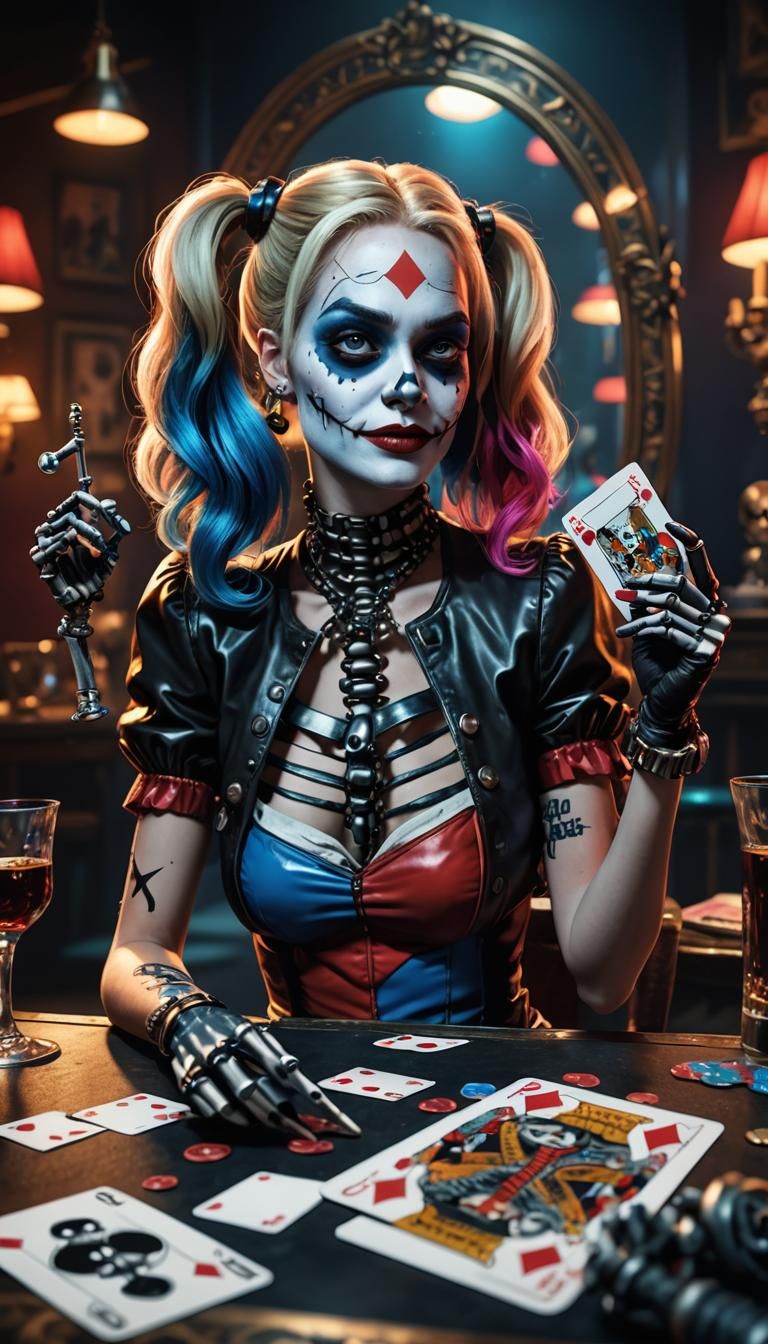 Realistic portrait of a Harley Quinn Create a playing card o...