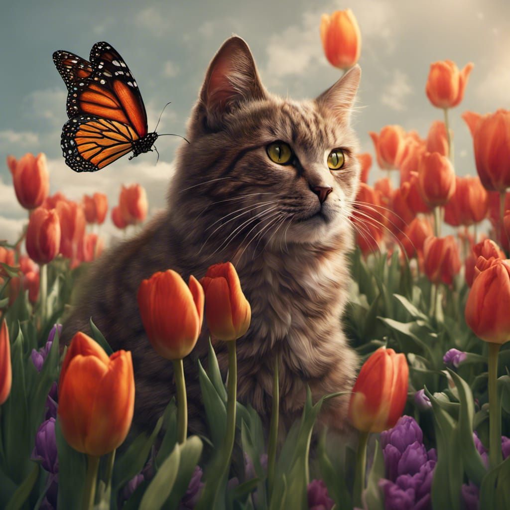 cat playing with monarch butterfly on a hill full of tulips
