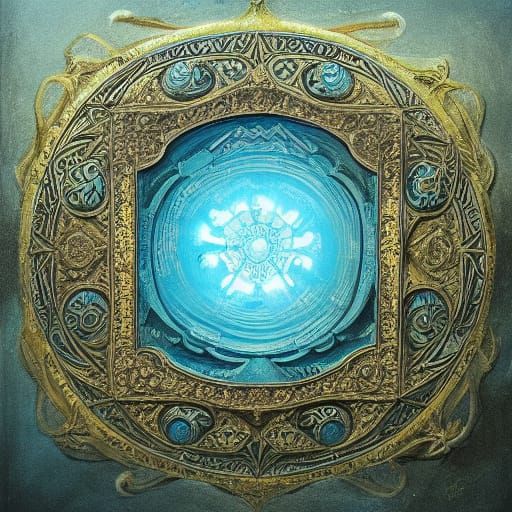 A fantasy shield glowing with magical symbols in a mystical setting.