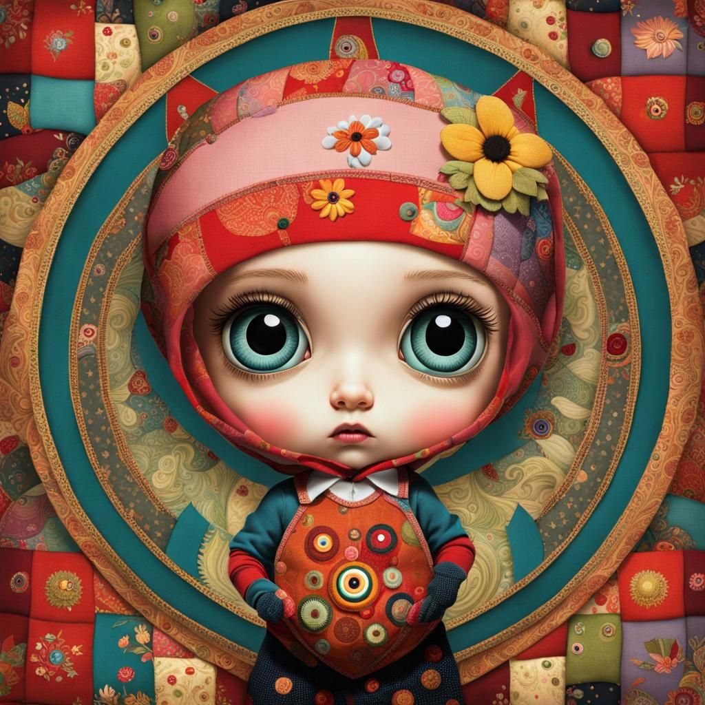 A surreal patchwork big eyed toddler in storybook style,