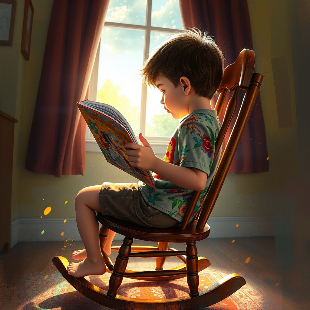 Boy Reading Book in Sunlight: Hyperdetailed Portrait