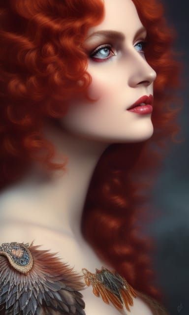 Gorgeous curly red-headed goddess, long hair, finely detaile...
