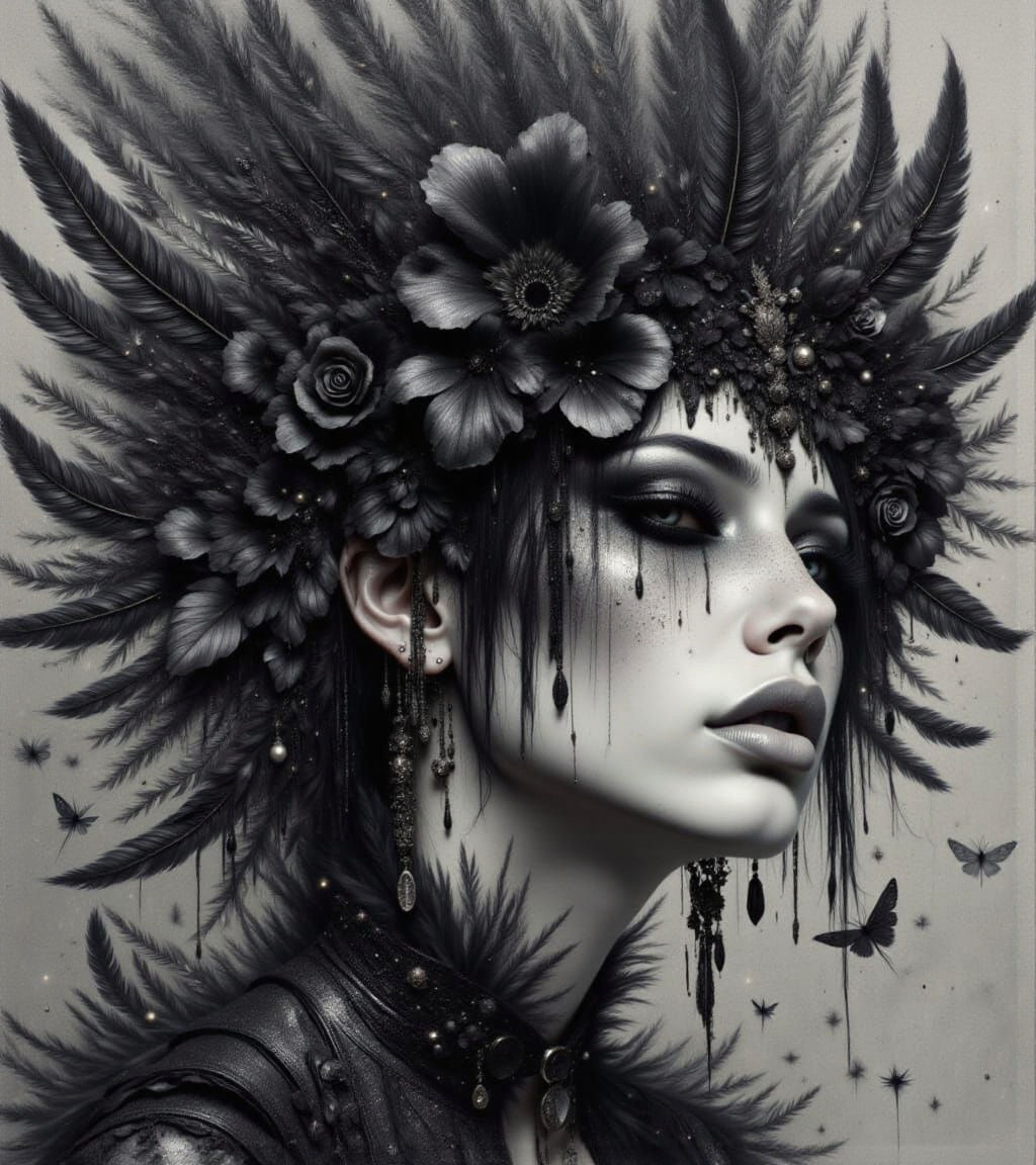 <lora:Don Macana Style:1.0> <lora:Bleak Intensity:1.0> Abstract art, Asian pale skin woman, metallic, feather and flower crown, pencil drawi...