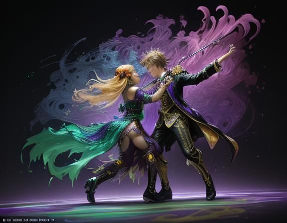 (Fantasy Mardi Gras women:2) (dancing:2) in the street with ...