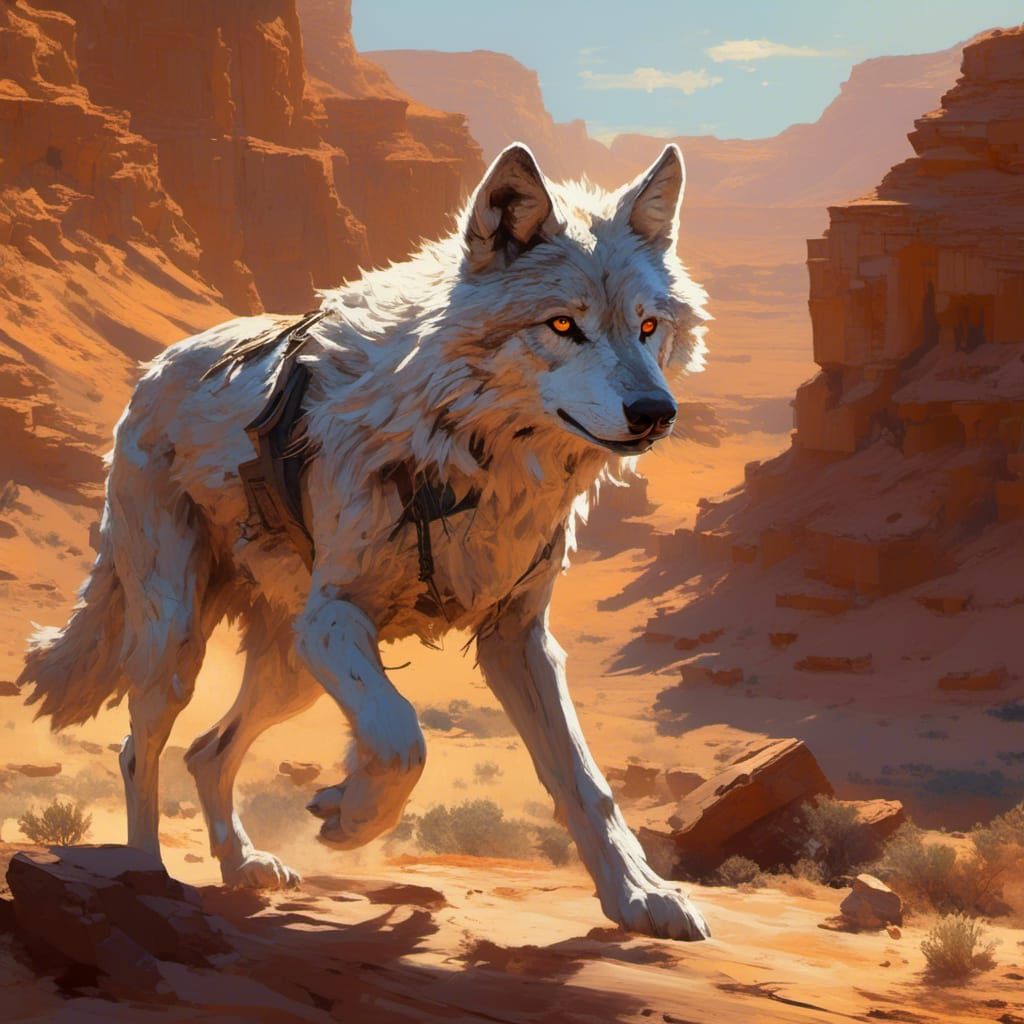 <lora:Boundless Journeys:1.0>Portrait of an adorable mythical beautiful wolf running across a mesa, desert wolf, redstone, sunshine, sunny,...