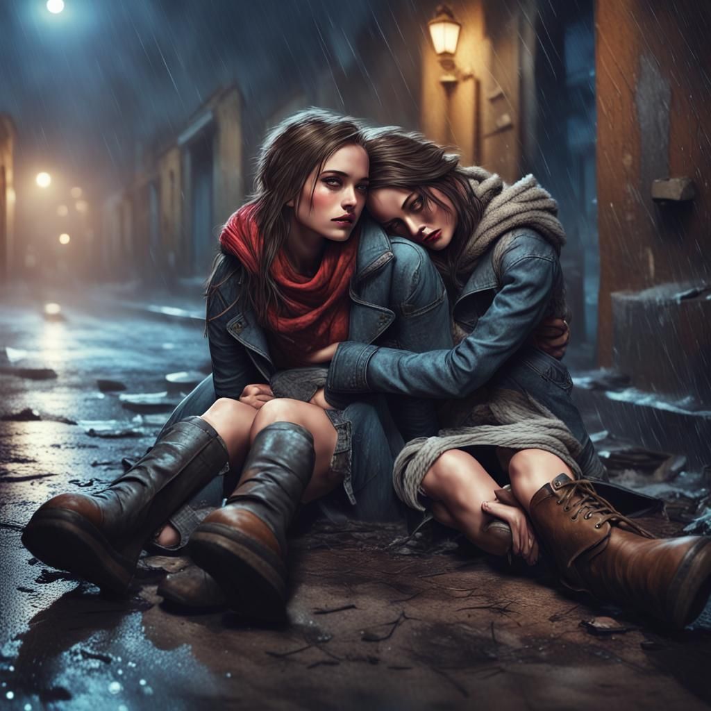 poor street-girls in the rain