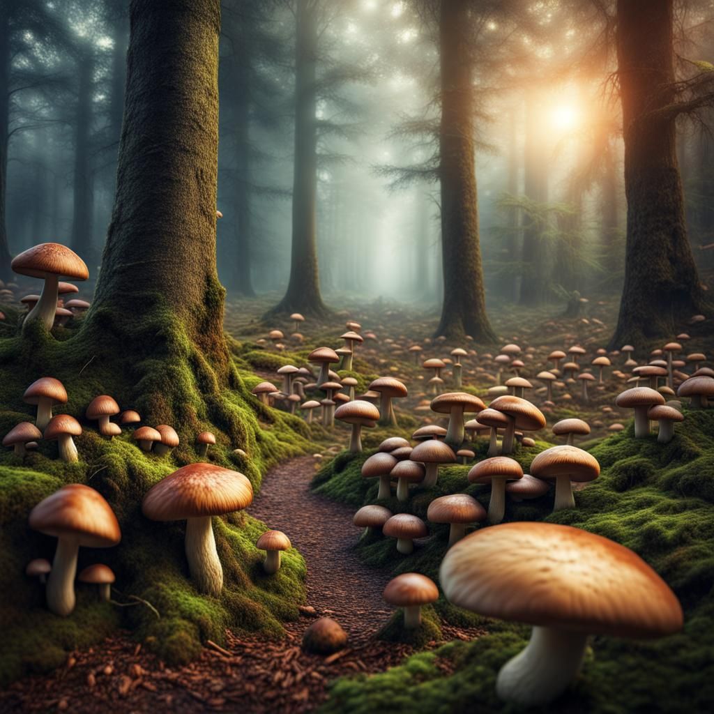 Fantasy forest covered with mushrooms on the ground intricat...