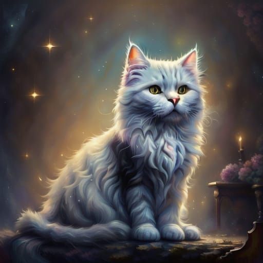 White Persian Cat Sleeping on Velvet Cushion in Digital Pain...