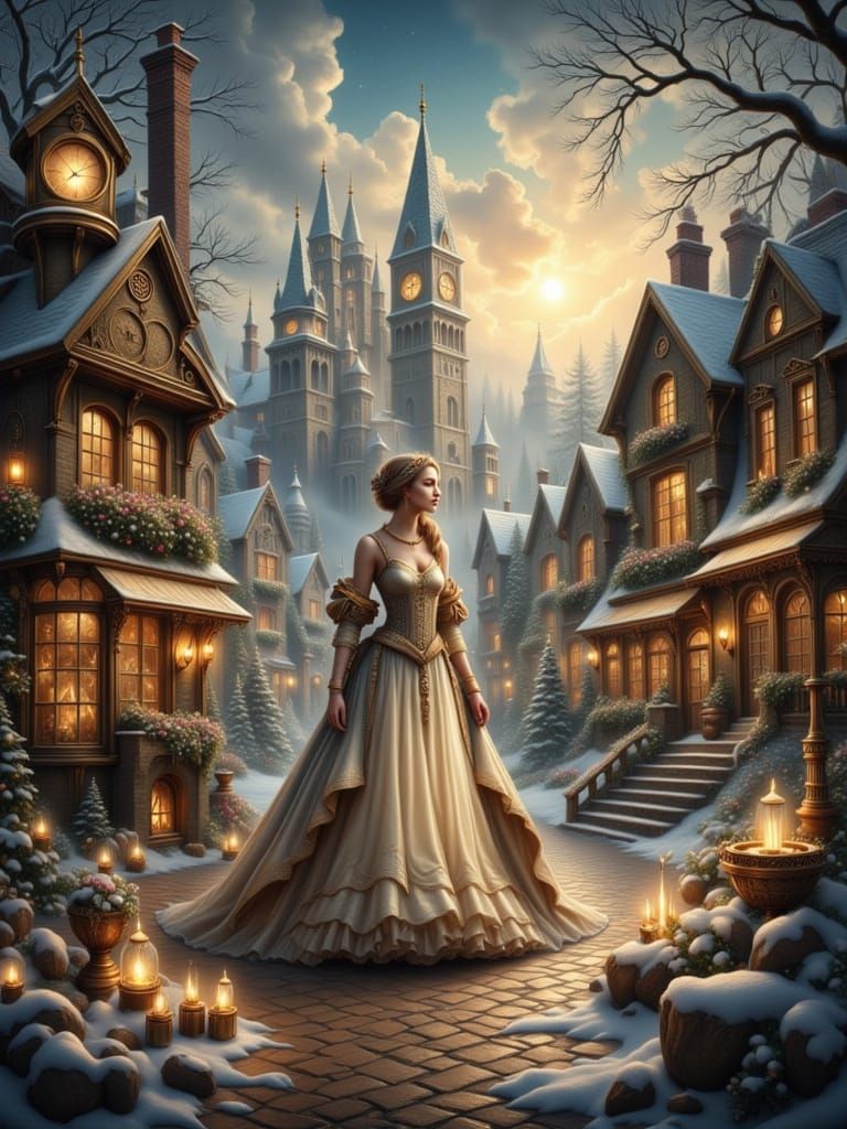 Steampunk Woman Holds Christmas Orb with Tiny Santa Scene