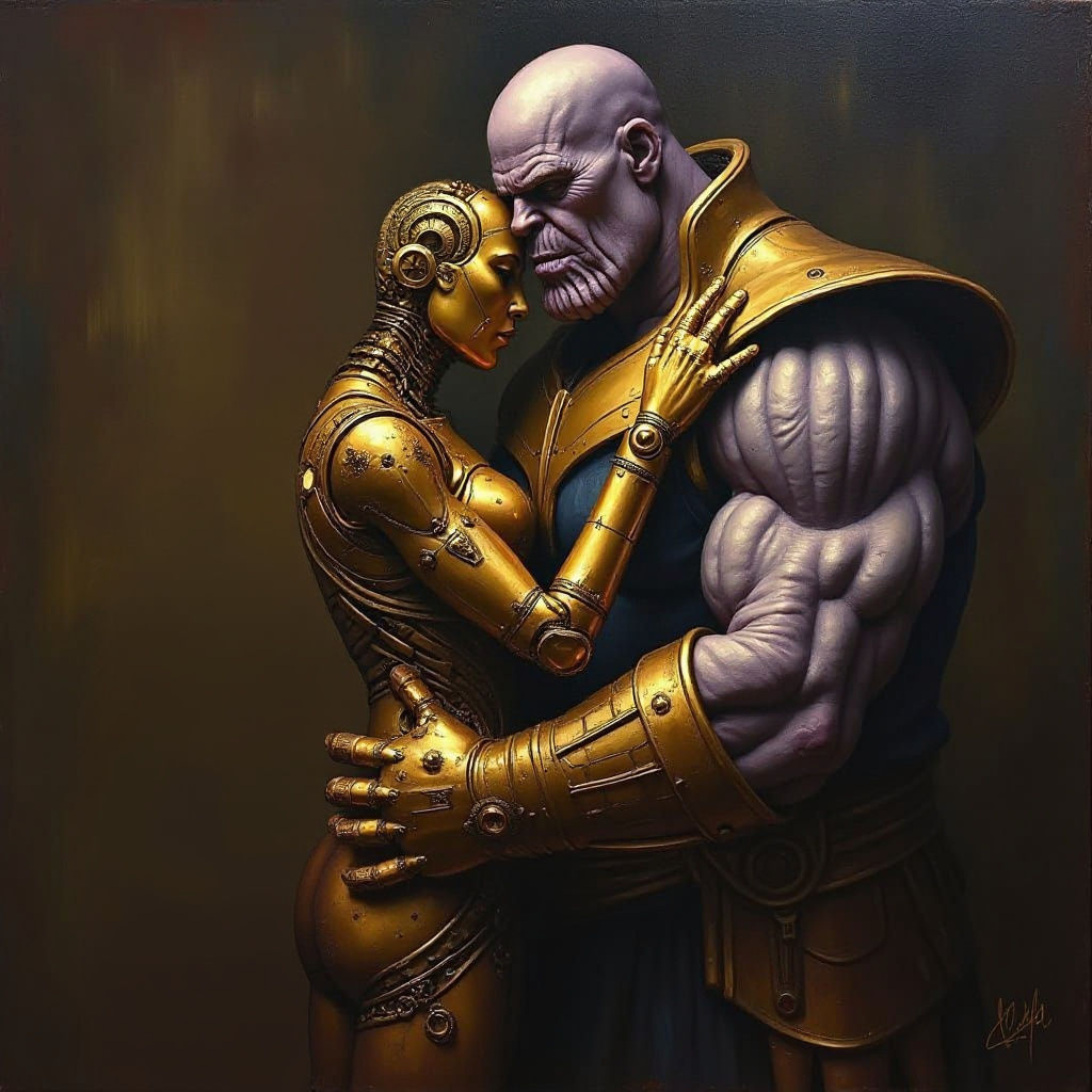 DC's Mekanique and Marvel's Thanos are bonding. "So many lifeforms to kill, so little time . . ."