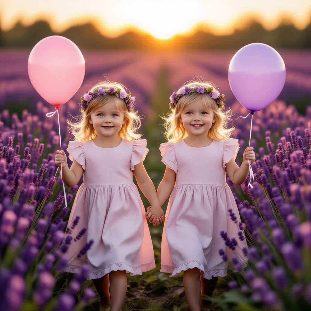 Twin Girls in Lavender Field at Sunrise