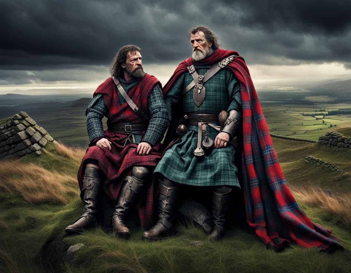 (Tartan clad William Wallace and Robert the Bruce sit together on Hadrians Wall dressed in their War ...  by @kathryn tubb-wallace