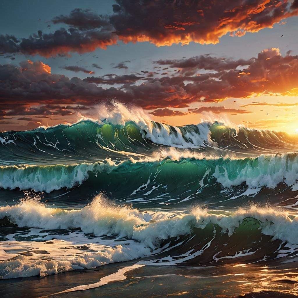 Sunset over ocean ,big waves ,beautiful,detailed maximalism 8K resolution mixed media  by @eileenMcC