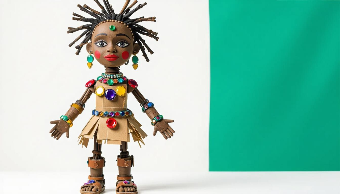 Primitive doll and lion made from twigs, Sticks, felt, twine, photographed against a paper backdrop of the African jumgle - Start Image 1