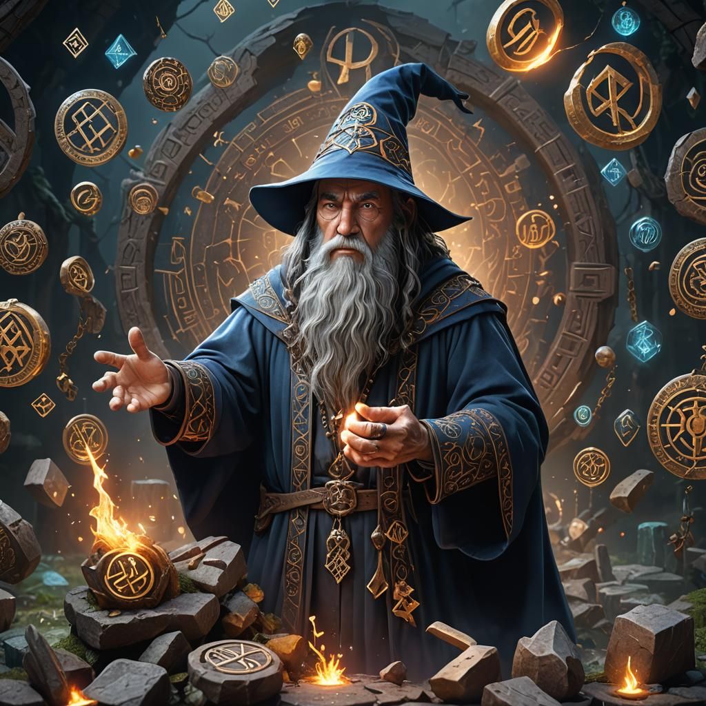 Confused Wizard Surrounded by Magical Runes