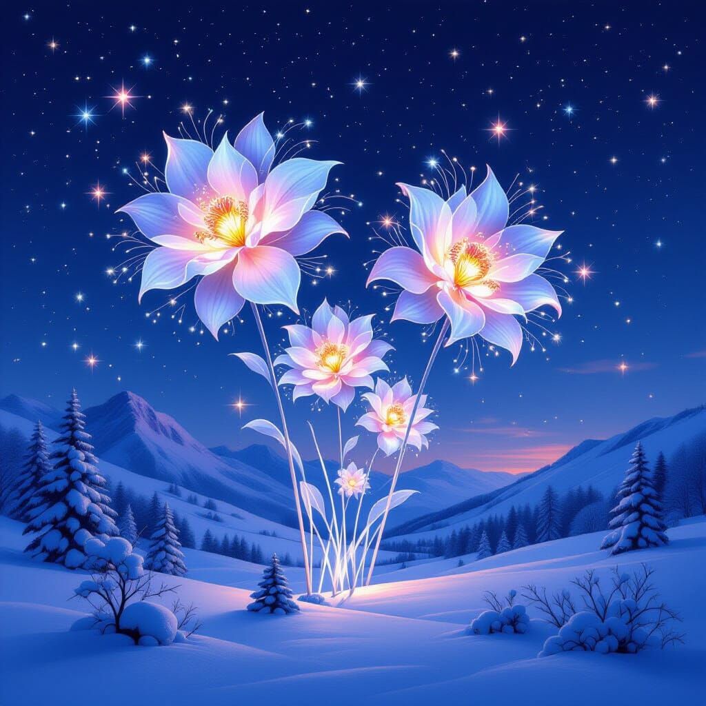 New Year Fireworks Bloom as Celestial Flowers Over Snowy Val...