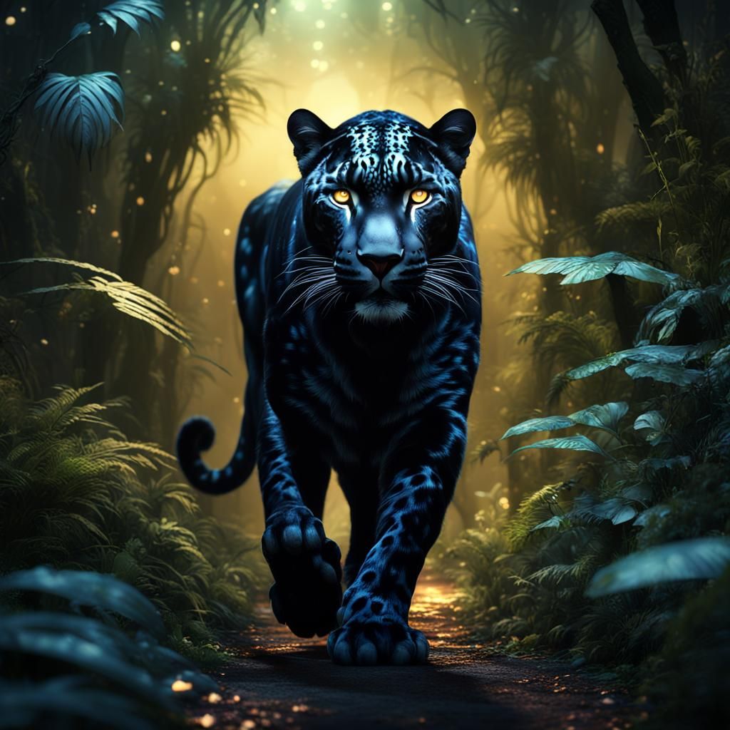 A black Leopard with white eyes walking towards the camera t...