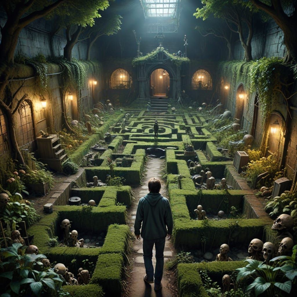 A hyper realistic and high big garden but very spooky it has a big,high labyrinth where people are walking ...  by @Kristian